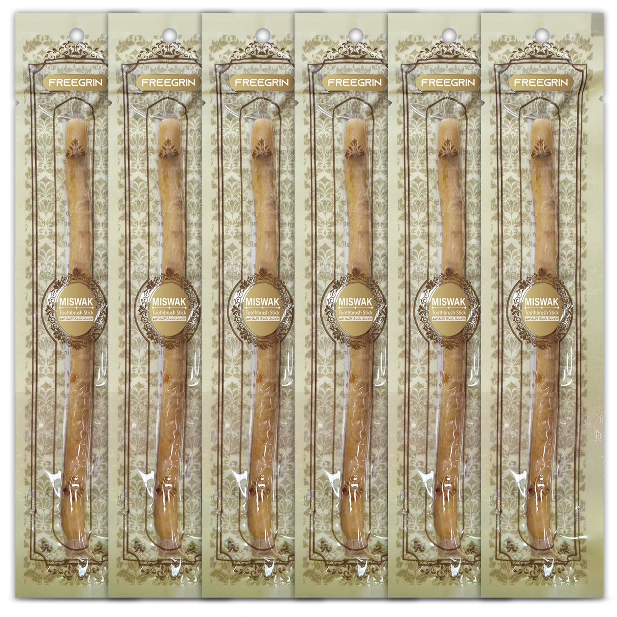FREEGRIN 6 Pack Natural Miswak Sticks, Organic Wooden Miswak Toothbrush for Healthy Gums & Fresher Breath, No Toothpaste Required, Original Flavor