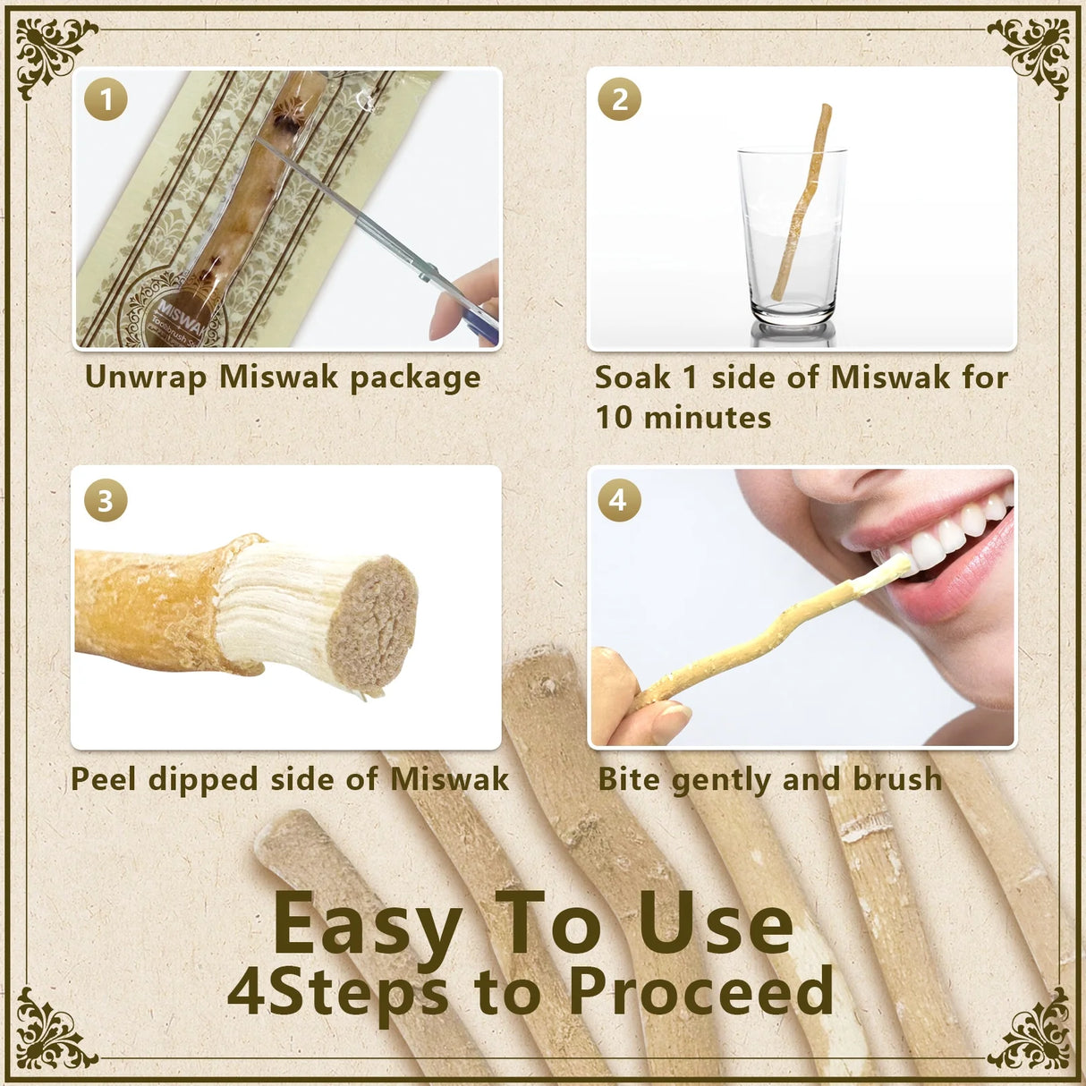 FREEGRIN 6 Pack Natural Miswak Sticks, Organic Wooden Miswak Toothbrush for Healthy Gums & Fresher Breath, No Toothpaste Required, Original Flavor