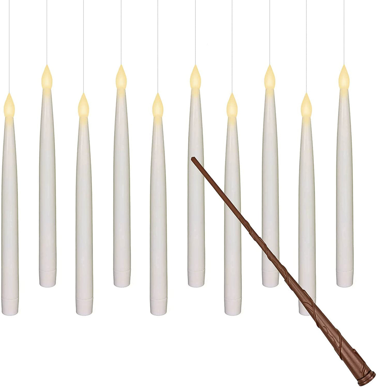 10pcs Flameless Taper Floating Candles with Magic Wand Remote, Halloween Decorations, Indoor Christmas Home Decor, Flickering Warm Light, Battery Operated 10.8" LED Electric Window Candle